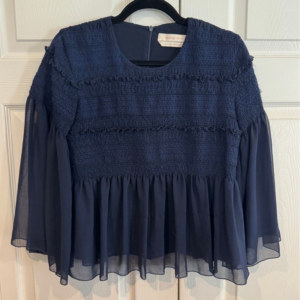 SeeByChloe Dark Navy Blue Smocked Peplum Ruffle Bell Sleeve Top SZ 6 Dainty - Picture 3 of 8